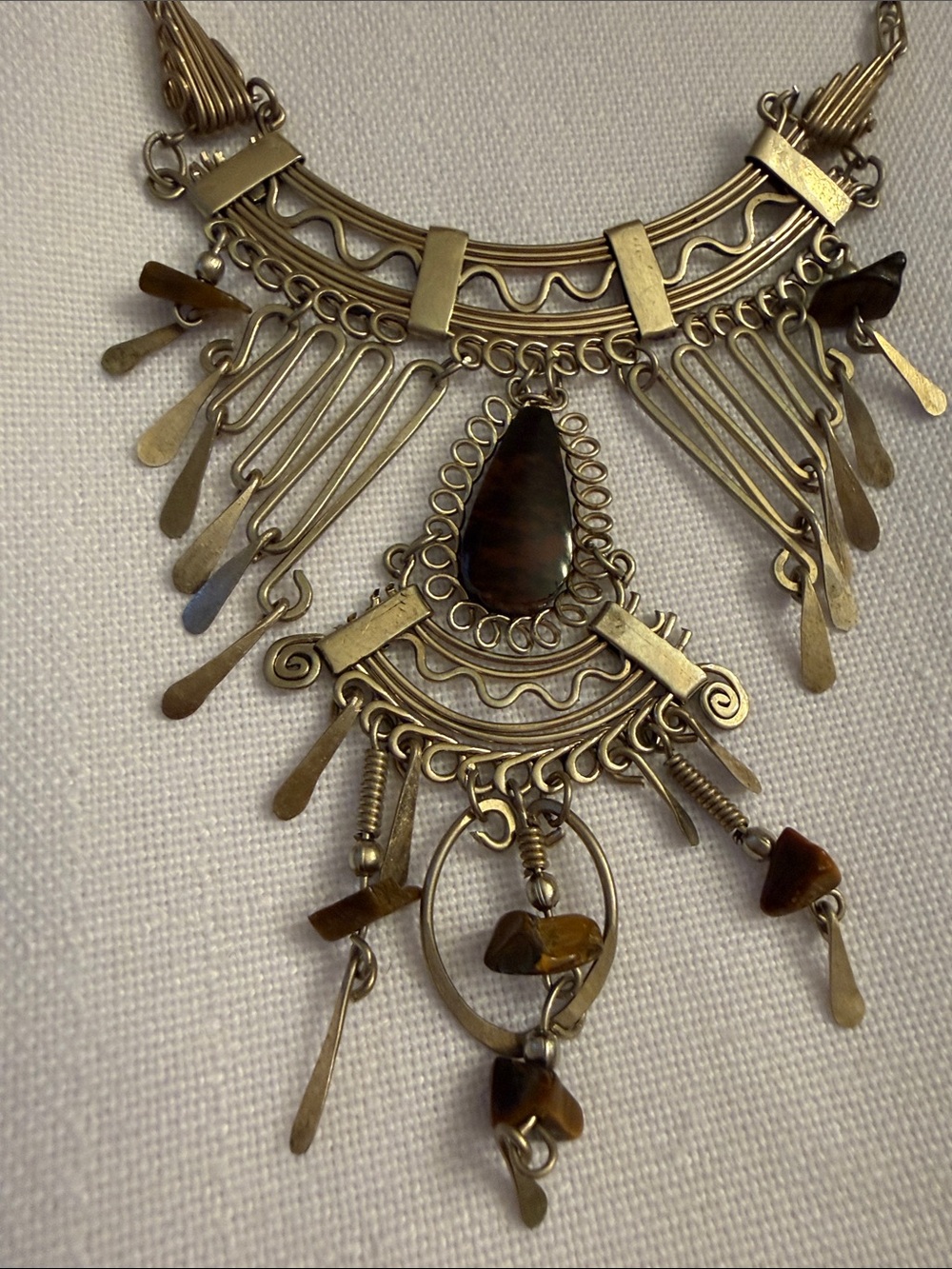 Peruvian Artisan Alpaca Silver Filigree Bib Fringe Statement Necklace. Boho.